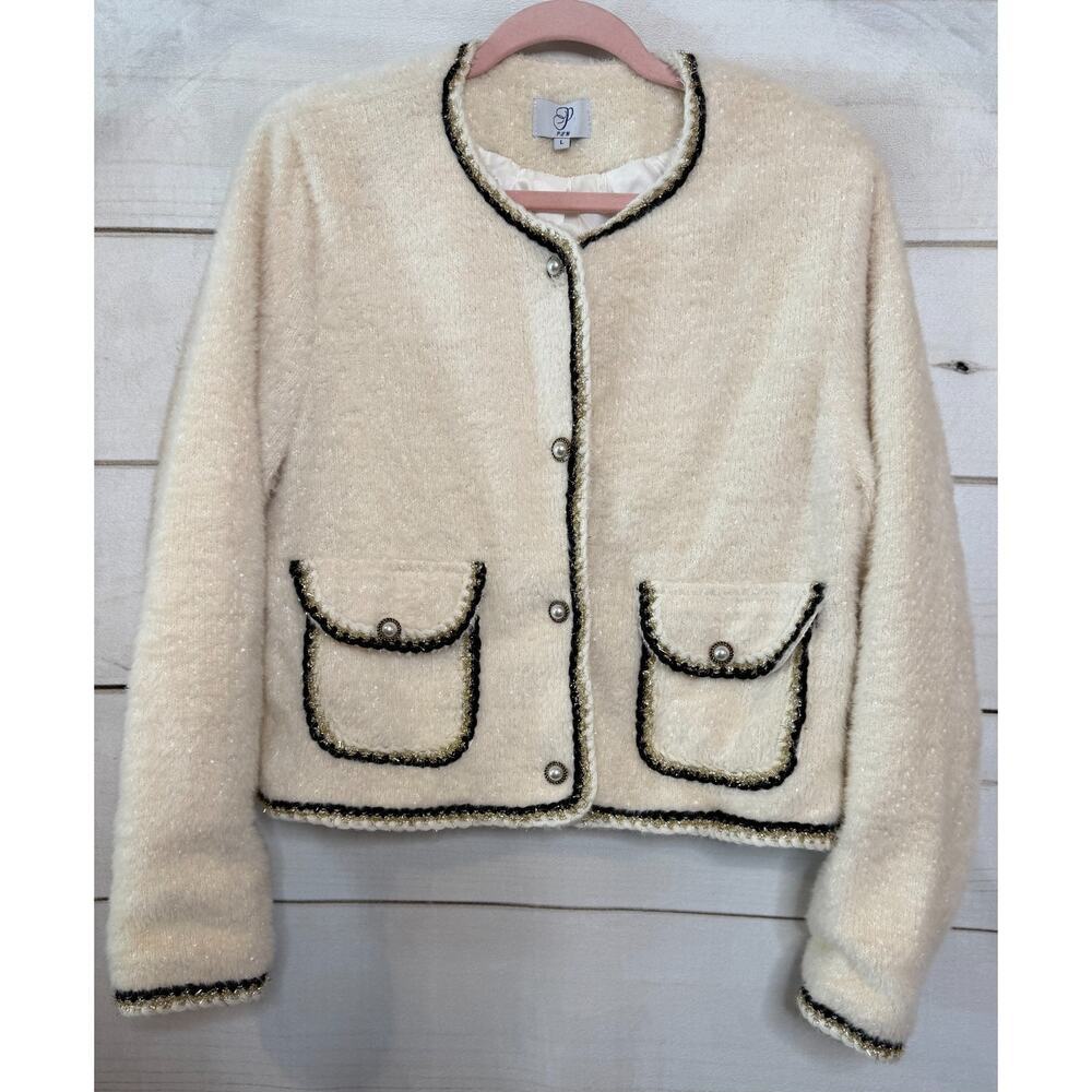 PLM Womens Jacket Sz LCream Fuzzy Gold Black Trim Pearl Holiday Party Festive‎